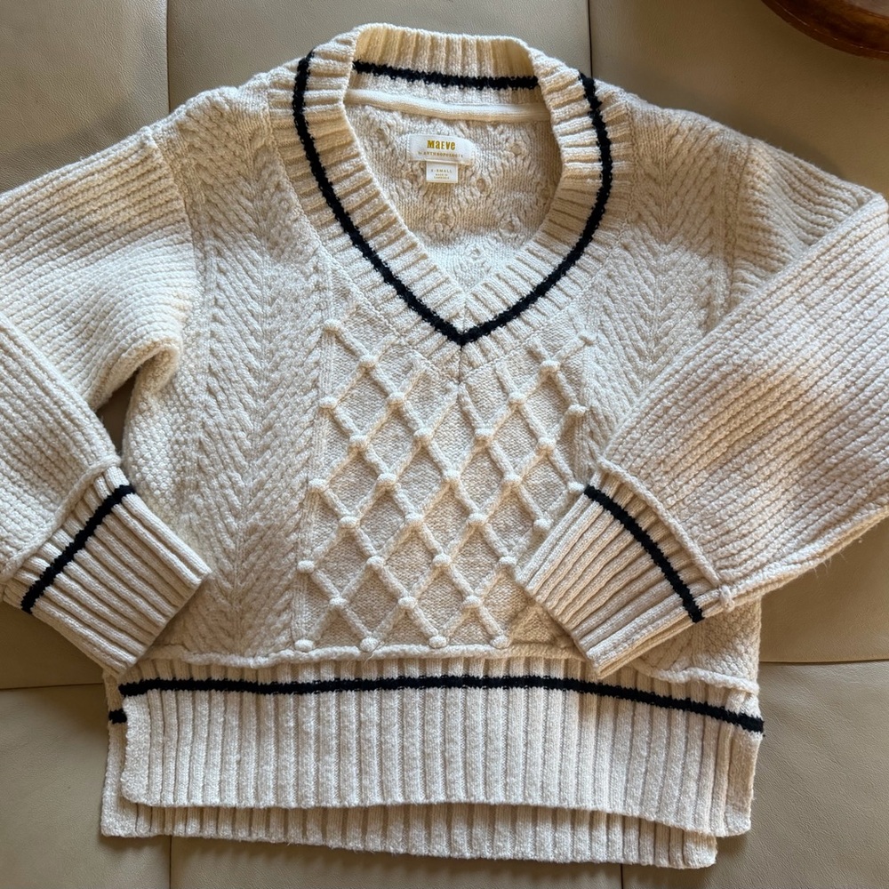 Maeve Cream V-Neck Sweater with Black Trim XS